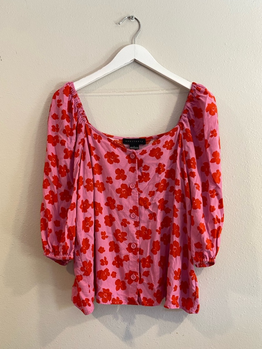 Sanctuary Pink Red Floral Poppy Button Front Top Large Puff Sleeve Boho Romantic - Picture 2 of 9